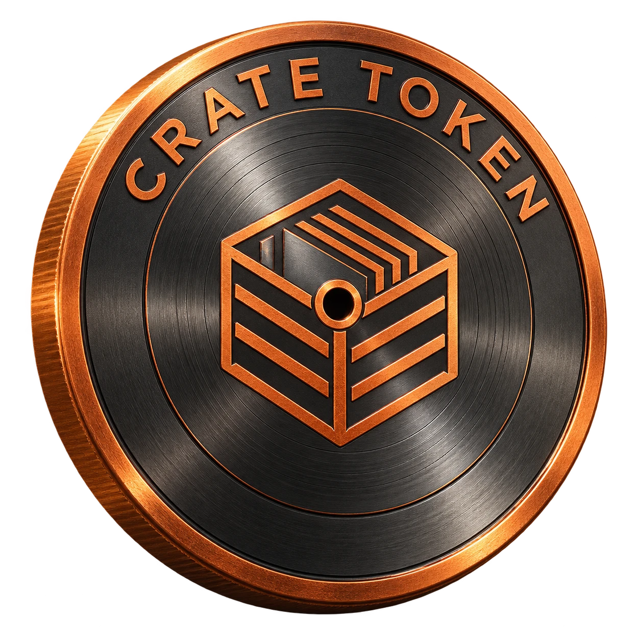 Graphite and copper Crate Token concept coin