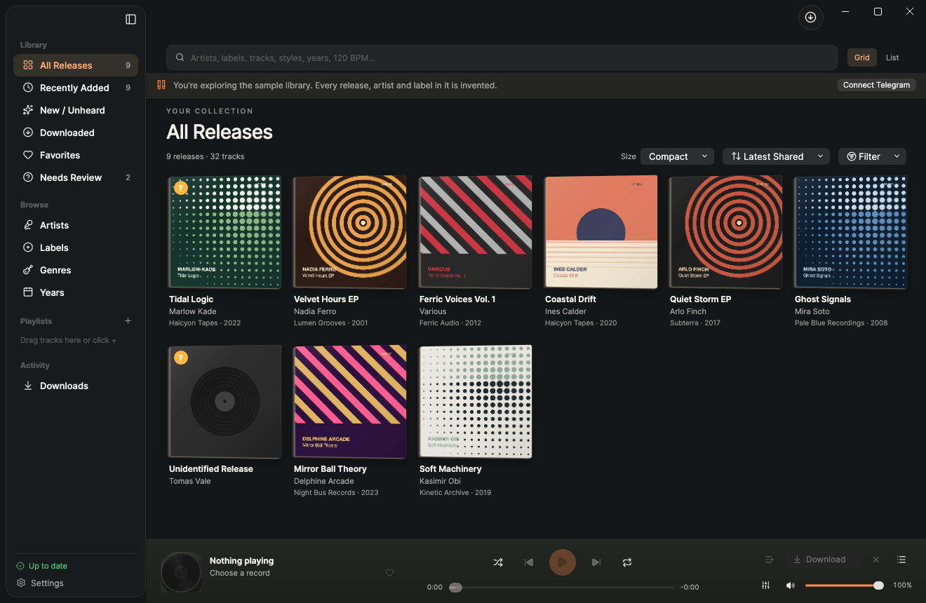 Actual CrateSync desktop sample library. Explore the full app view below.